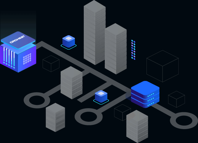 A blue structure representing a data center connects with another blue data center.